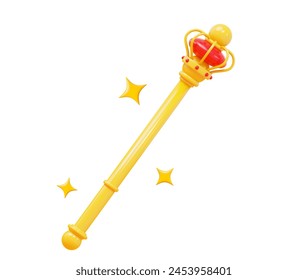 3d yellow royal regal scepter with stars. Cartoon style. Vector illustration on isolated background.