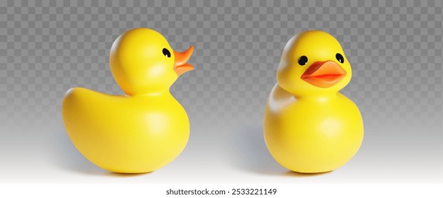 3d yellow rubber duck. Baby bath toy icon realistic vector in plastic style. Cute little ducky render for bathroom for summer play in water. Inflatable toddler game accessory front and side view