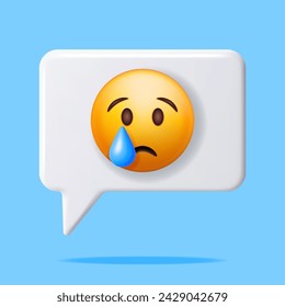 3D Yellow Sad Crying Emoticon in Speech Bubble Isolated. Render Cry Emoji with Tear. Unhappy Face. Communication, Web, Social Network Media, App Button. Realistic Vector Illustration