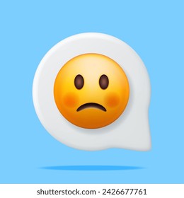 3D Gelb Sad Emoticon in Sprechblase isoliert. Render trauriges Emoji. Etwas unglückliches Gesicht. Kommunikation, Web, Social-Network-Medien, App-Taste. realistische Vektorgrafik