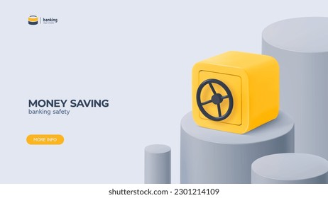 3d yellow safe box on pedestal vector illustration. Security box with closed door landing page template. Financial economics web banner. Saving money.