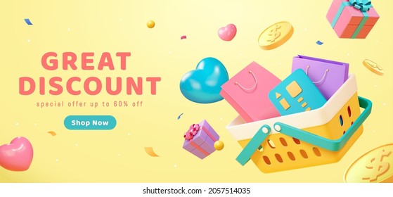3D yellow sale banner. Illustration of a plastic shopping basket laden with shopping bags and credit card floating on yellow background