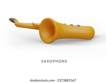 3D yellow saxophone in horizontal position. Classical wind musical instrument. Illustration on white background, place for text. Design idea for music website, app