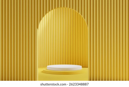 Fundo de cena amarelo 3d com pódio branco e portão de arco para apresentação do produto. Mockup mínimo abstrato com plataforma do cilindro e porta.