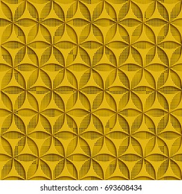 3d Yellow Seamless Abstract Geometric Pattern. Beige Tile Surface Black Dots Of Different Sizes On The Bottom Layer. Frame Border Wallpaper. Elegant Repeating Vector Ornament