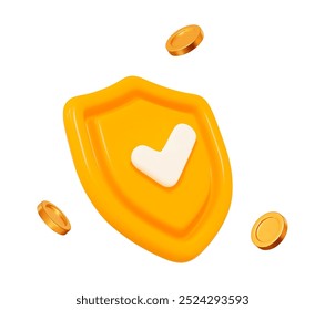 3d yellow shield with check mark and flying gold coins. Cartoon style. Concept of secure protection. Stock vector illustration on isolated background.