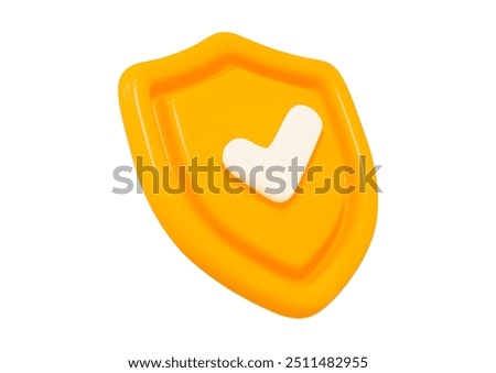 3d yellow shield with check mark. Cartoon style. Concept of secure protection. Stock vector illustration on isolated background.