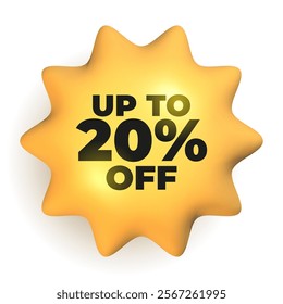 3d yellow shining badge with 20 percent discount offer. Realistic sale tag