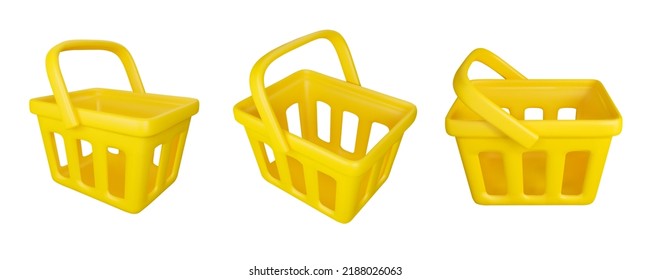 3d yellow shopping basket icon set. Vector realistic render supermarket cart illustration isolated on a white background.