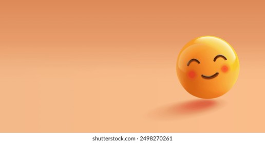 3D yellow shy emoticon, emoji on orange background. Cute emoticon for advertising concepts, positive emotion, and happiness. Vector illustration