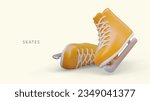 3D yellow skates with laces. Unisex shoes for ice hockey. Winter entertainment. Accessories for figure skating. Color vector poster. Concept of ice skating