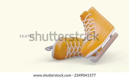 3D yellow skates with laces. Unisex shoes for ice hockey. Winter entertainment. Accessories for figure skating. Color vector poster. Concept of ice skating