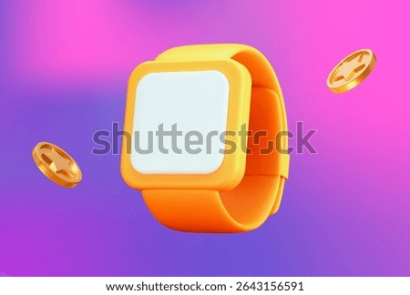 3d yellow smart watch and coin with stars. Gadget for sport, healthy lifestyle. Modern clock for hand. Cartoon style. Stock vector illustration on neon isolated background.