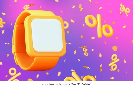 3d yellow smart watch and flying percent signs with gold coins and on neon isolated background. Gadget for sport, healthy lifestyle. Stock vector illustration on neon isolated background.
