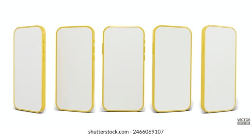 3D yellow smartphone mockup with white screen. Yellow mobile phone isolated on white background. 3d vector illustration.