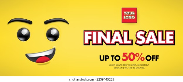 3D yellow smile face for discount brick block toy sale banner template. baby shop, kids store, sales promotion, online shop, flyer, poster, web, ads, post and social media. vector illustration
