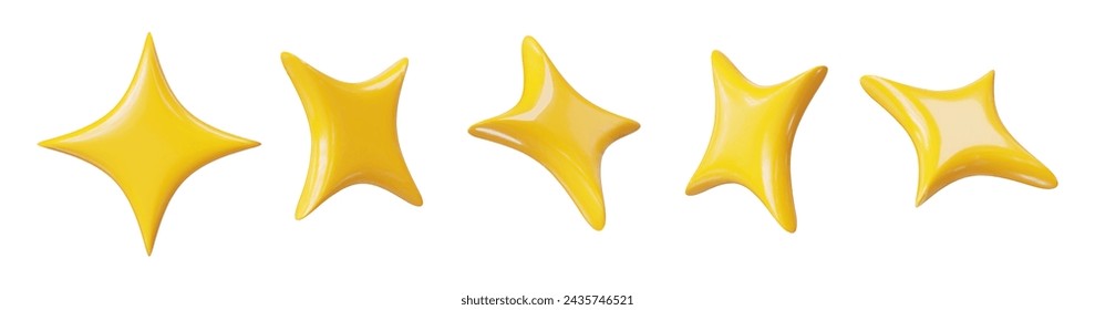 Conjunto de estrellas de destello amarillo 3d. Estilo de dibujos animados. Ilustración vectorial de stock sobre fondo aislado.