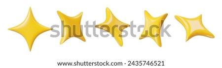 3d yellow sparkle star set. Cartoon style. Stock vector illustration on isolated background.