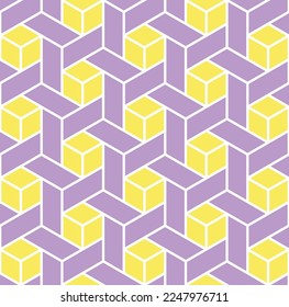 3D yellow square and rectangular box on purple background. 3D block pattern. Abstract maze backdrop.