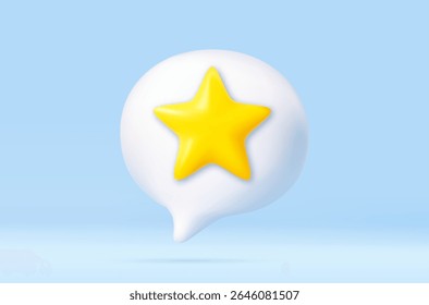 Estrela amarela 3d dentro da bolha de fala branca no fundo azul, simbolizando o conteúdo favorito, de classificação ou em destaque. renderização 3d. Ilustração vetorial