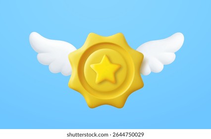 3d Yellow star medal with white wings on blue background, symbolizing success, achievement, or heavenly reward. 3d rendering. Vector illustration