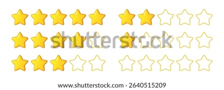 3D yellow star rating icons with filled and outline styles in a grid layout. Ideal for feedback systems, reviews, mobile apps, or UI elements.