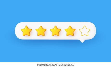 3D yellow star rating inside a white speech bubble. Realistic customer review symbol representing top service and positive feedback.