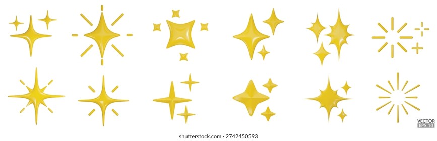 3d yellow star sparkle illustration. Sparkles emoji icon. 3D vector illustration.
