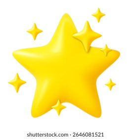 3d yellow star surrounded by sparkling effects, symbolizing rating, excellence, or favorite content. 3d rendering. Vector illustration