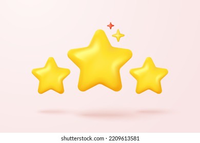 3d yellow stars glossy color icon for game on pink background. Customer rating feedback from client about employee of UI website concept. 3d star quality icon vector with shadow render illustration