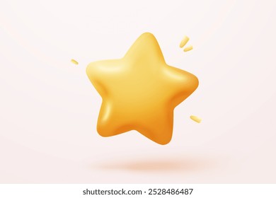 3d yellow stars glossy color icon for game on pink background. Customer rating feedback from client about employee of UI website concept. 3d star quality icon vector with shadow render illustration