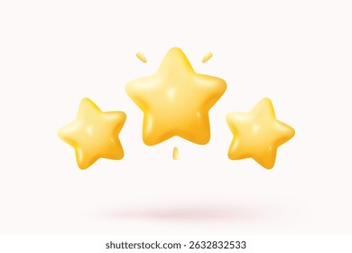 Ícone de cor brilhante de estrelas amarelas 3d para classificação no plano de fundo pastel. Feedback de avaliação do cliente sobre o funcionário do conceito móvel da interface do usuário. vetor de ícone de qualidade de estrela 3d com ilustração de renderização de sombra