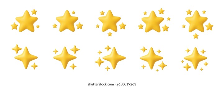 3d yellow stars. Realistic star composition. Soft decorative starry shapes. Floating star clusters, starbursts, sparkles, twinkle. Shining stars emoji. Cartoon vector star icons.