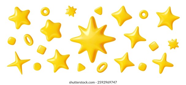 3d yellow stars and starlets. Vector gold sparkling twinkles, rings and circles isolated set. Cute realistic glossy playful cartoon starry render elements for magic decorations, games, apps, nursery