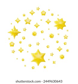 3D yellow stars various sizes and shapes in round. Decoration golden festive design elements in circle frame. Achievements for games, rating feedback, award. Vector render illustration