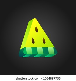 3D yellow stylized watermelon icon on black background. Isometric illustration of piece watermelon. Colorful minimalistic design.