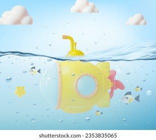 3d Yellow Submarine with Periscope Underwater Cartoon Style Ocean World with Bathyscaphe. Vector illustration of Undersea Boat
