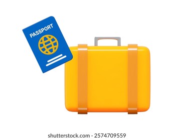 3d yellow suitcase with passport icon. Suitcase for vacation, holiday, tourism in cartoon style. Stock vector illustration on isolated background.
