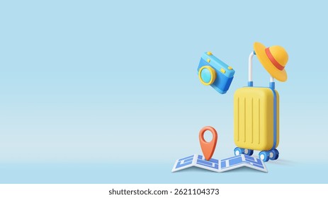 3d Yellow suitcase with wheels, sun hat, camera, and a map with location pin on a light blue background symbolizing travel planning. 3d rendering. Vector illustration