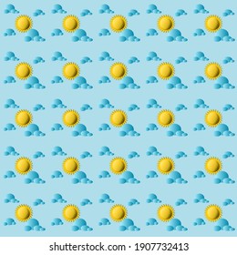 3 d Sol amarillo con nubes azules sobre fondo azul del cielo, vector de patrón sin costura.