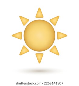 3d yellow sun icon with matte gloss. Cute summer design element. Cartoon style vector illustration on white background with shadow underneath.