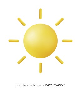 3d Yellow sun with rays, sun star. Cartoon minimal style. Summer, weather, nature, space concept. 3d rendering. Vector illustration