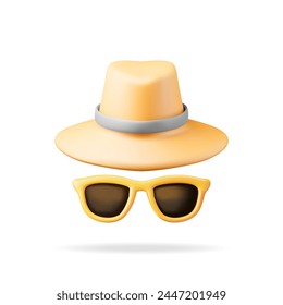 3d Yellow Sunglasses and Straw Hat Icon Isolated on White. Render Sun Glasses and Cap Symbol. Concept of Summer Vacation or Holiday, Time to Travel. Beach Relaxation. Realistic Vector Illustration