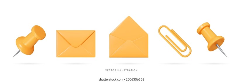 3D Yellow supplies emoji icon set. Stationery push pin, paper clip. Open and closed envelopes. Business and education concept. School elements. Cartoon design objects. 3D Vector Illustration