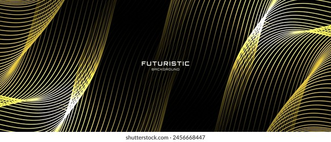 3D yellow techno abstract background on dark space with waves shape effect decoration. Modern graphic design element with glowing gold color style concept for art, web, flyer, card, or brochure cover
