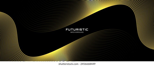 3D yellow techno abstract background on dark space with waves shape effect decoration. Modern graphic design element with glowing gold color style concept for art, web, flyer, card, or brochure cover