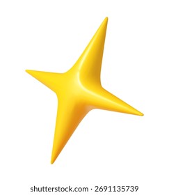 3d yellow thin six pint star realistic symbol. Isolated light sparkle realistic element, yellow light star 3d realistic vector form. Pointy star shape balloon or glossy figure