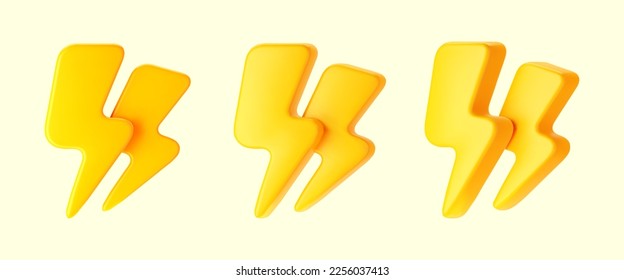 3d yellow thunderbolt, double lightning icons isolated on white background. Render of lightning hit, electric strikes, flash of thunderbolt. 3d cartoon simple vector illustration