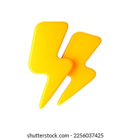 3d yellow thunderbolt, double lightning icon isolated on white background. Render of lightning hit, electric strike, flash of thunderbolt. 3d cartoon simple vector illustration