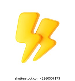 3d yellow thunderbolt, double lightning icon isolated on white background. Render of lightning hit, electric strike, flash of thunderbolt. 3d cartoon simple vector illustration